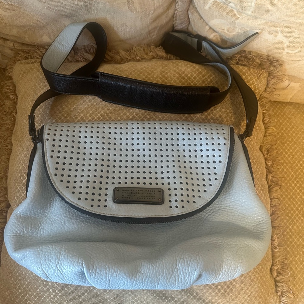Marc Jacobs Blue and Black Crossbody Bag with Soft Structure and Matte Finish.